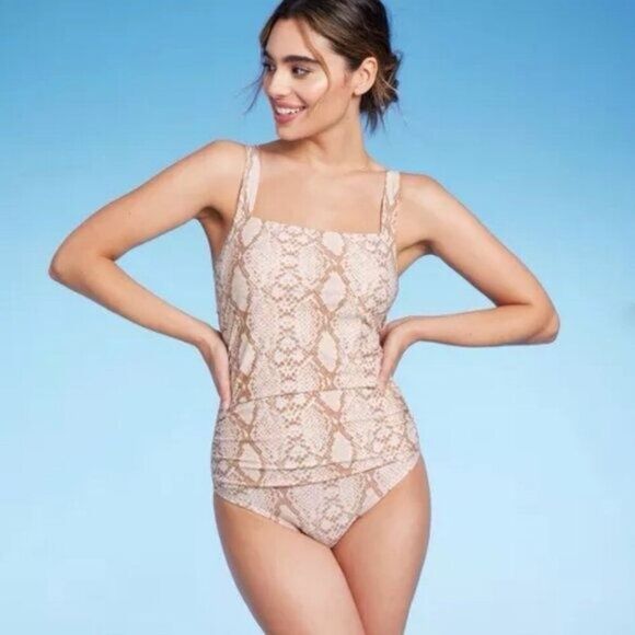 Kona Sol Size M Square Neck On Piece Swimsuit Snake Print Tummy Control Neutral - Picture 1 of 7